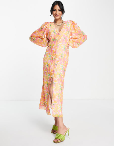 Pretty Lavish Balloon Sleeve Midaxi Dress In Pink And Orange Abstract Floral