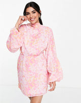 Pretty Lavish Pleated Balloon Sleeve Mini Dress In Orange And Pink Print