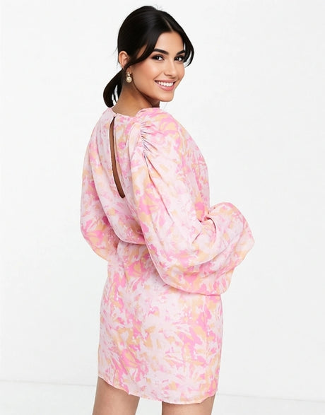 Pretty Lavish Pleated Balloon Sleeve Mini Dress In Orange And Pink Print