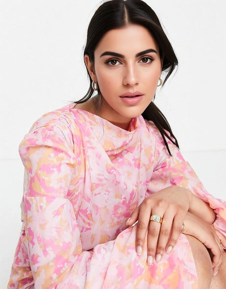 Pretty Lavish Pleated Balloon Sleeve Mini Dress In Orange And Pink Print