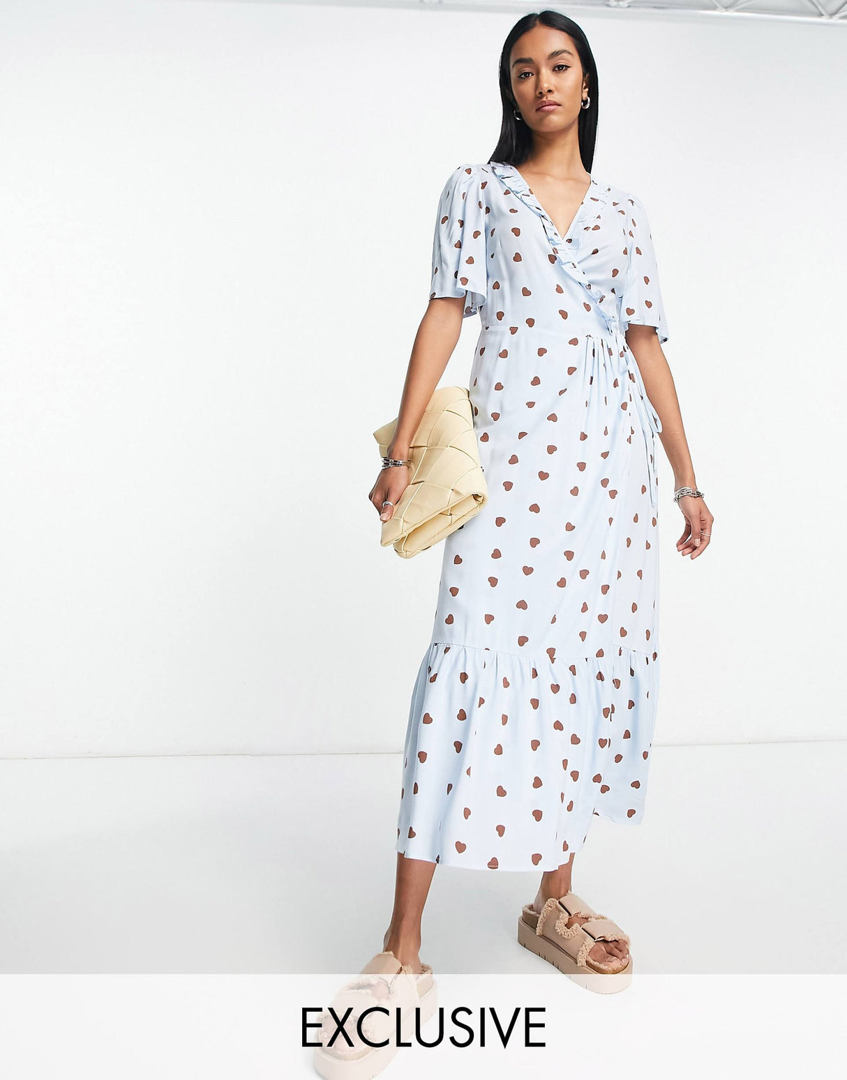 Y.A.S Exclusive Maxi Dress With Frill Detail In Blue And Brown Heart Print