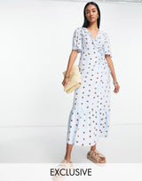 Y.A.S Exclusive Maxi Dress With Frill Detail In Blue And Brown Heart Print