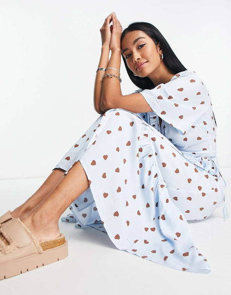 Y.A.S Exclusive Maxi Dress With Frill Detail In Blue And Brown Heart Print