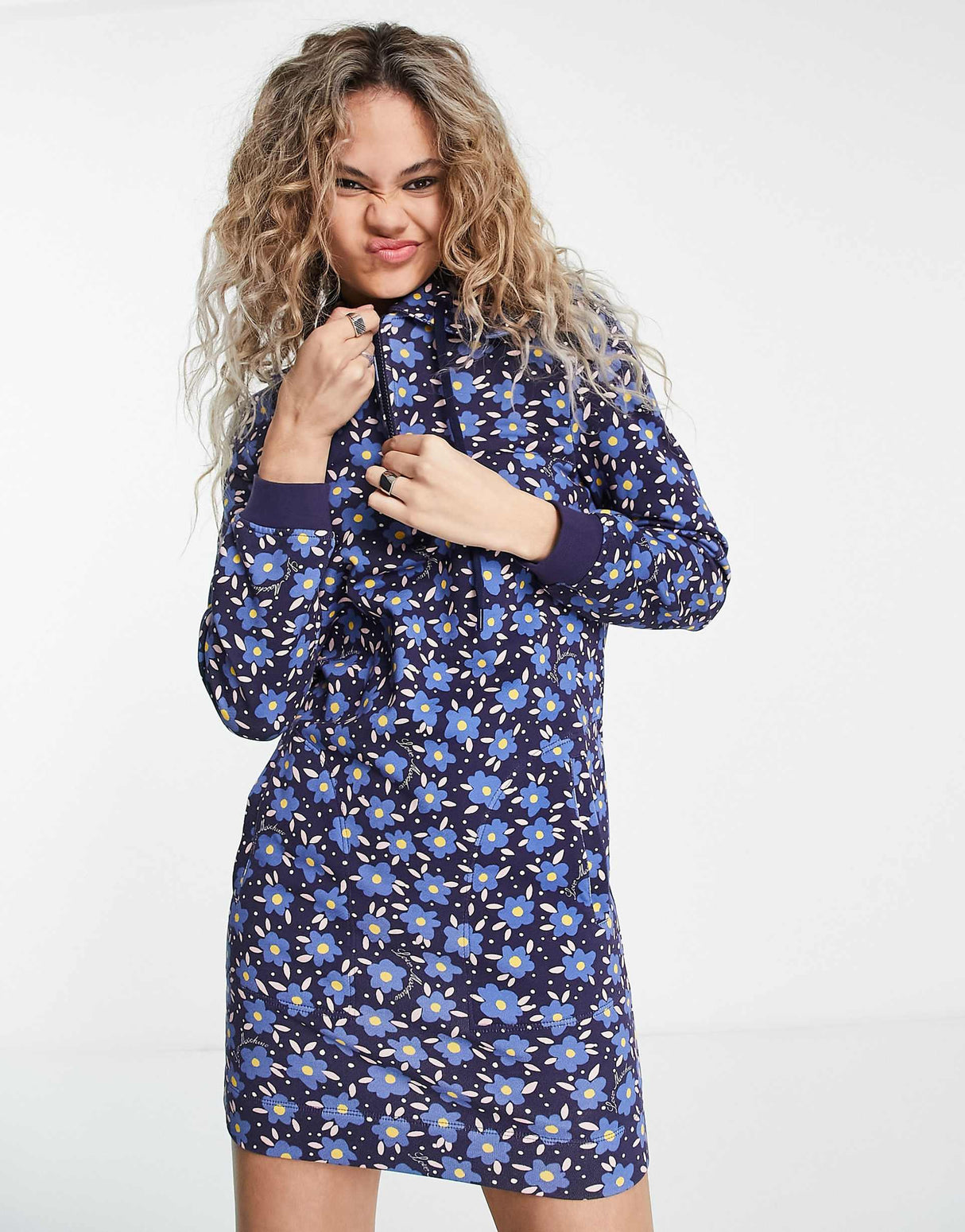 Love Moschino 80S Flower Print Hooded Jersey Dress In Blue