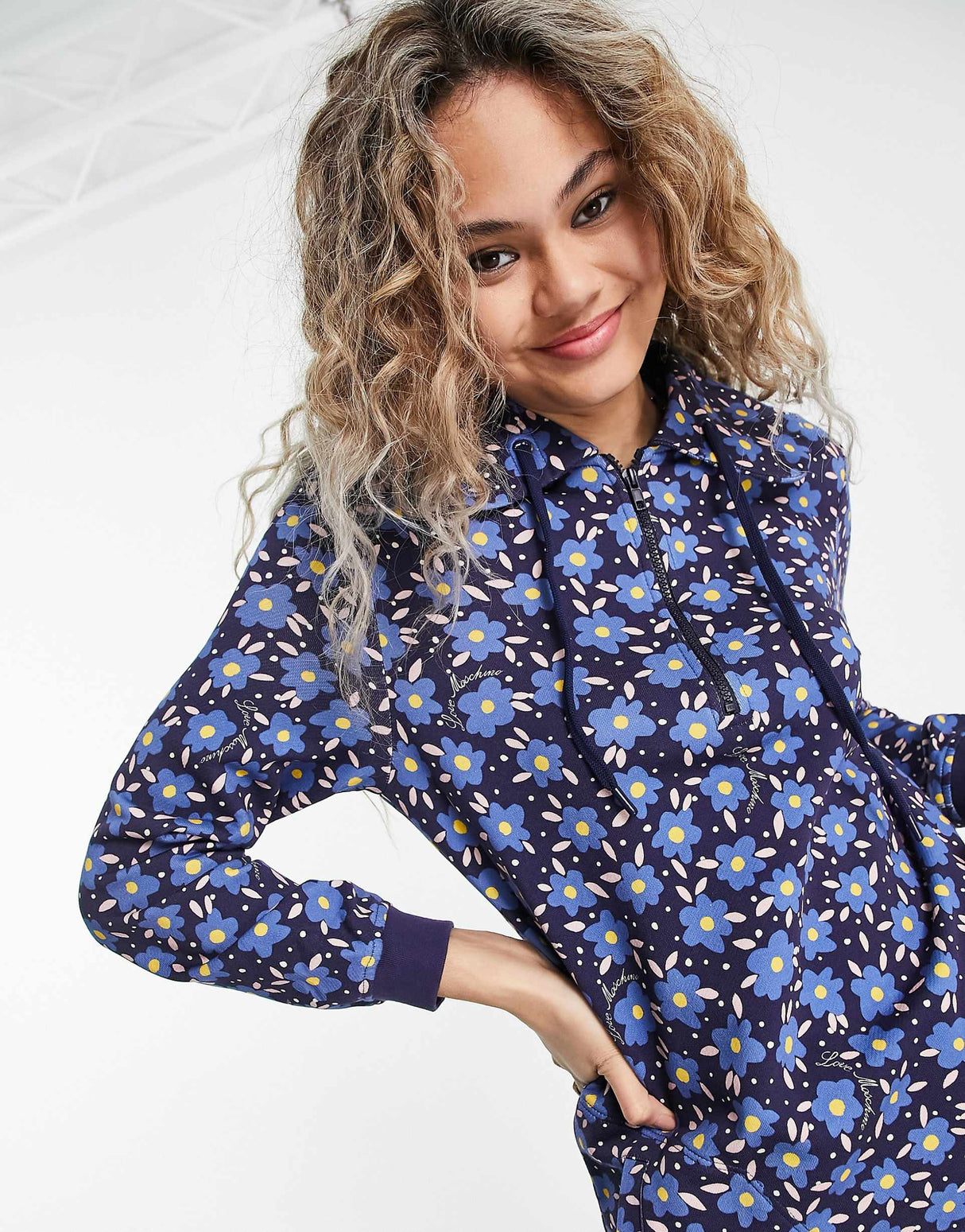 Love Moschino 80S Flower Print Hooded Jersey Dress In Blue