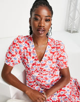 Urban Revivo Midi Dress With Peplum Hem In Red Floral Print
