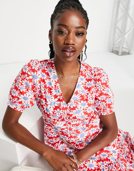 Urban Revivo Midi Dress With Peplum Hem In Red Floral Print