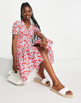 Urban Revivo Midi Dress With Peplum Hem In Red Floral Print