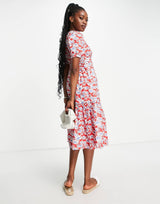 Urban Revivo Midi Dress With Peplum Hem In Red Floral Print