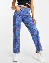 The Ragged Priest Dad Jeans With Blue Collage Print