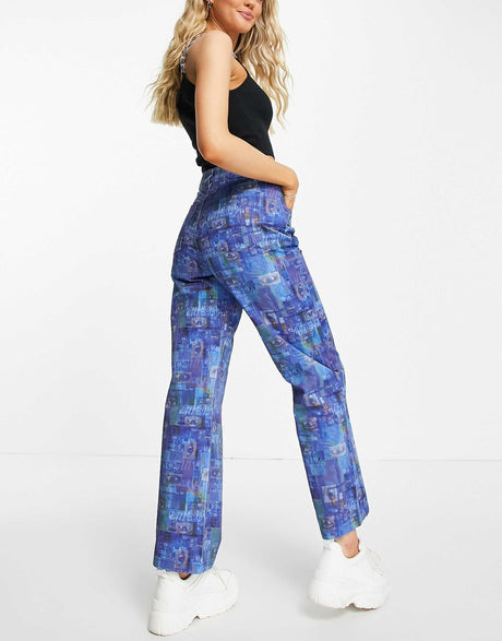 The Ragged Priest Dad Jeans With Blue Collage Print
