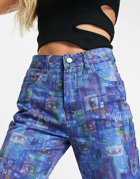 The Ragged Priest Dad Jeans With Blue Collage Print