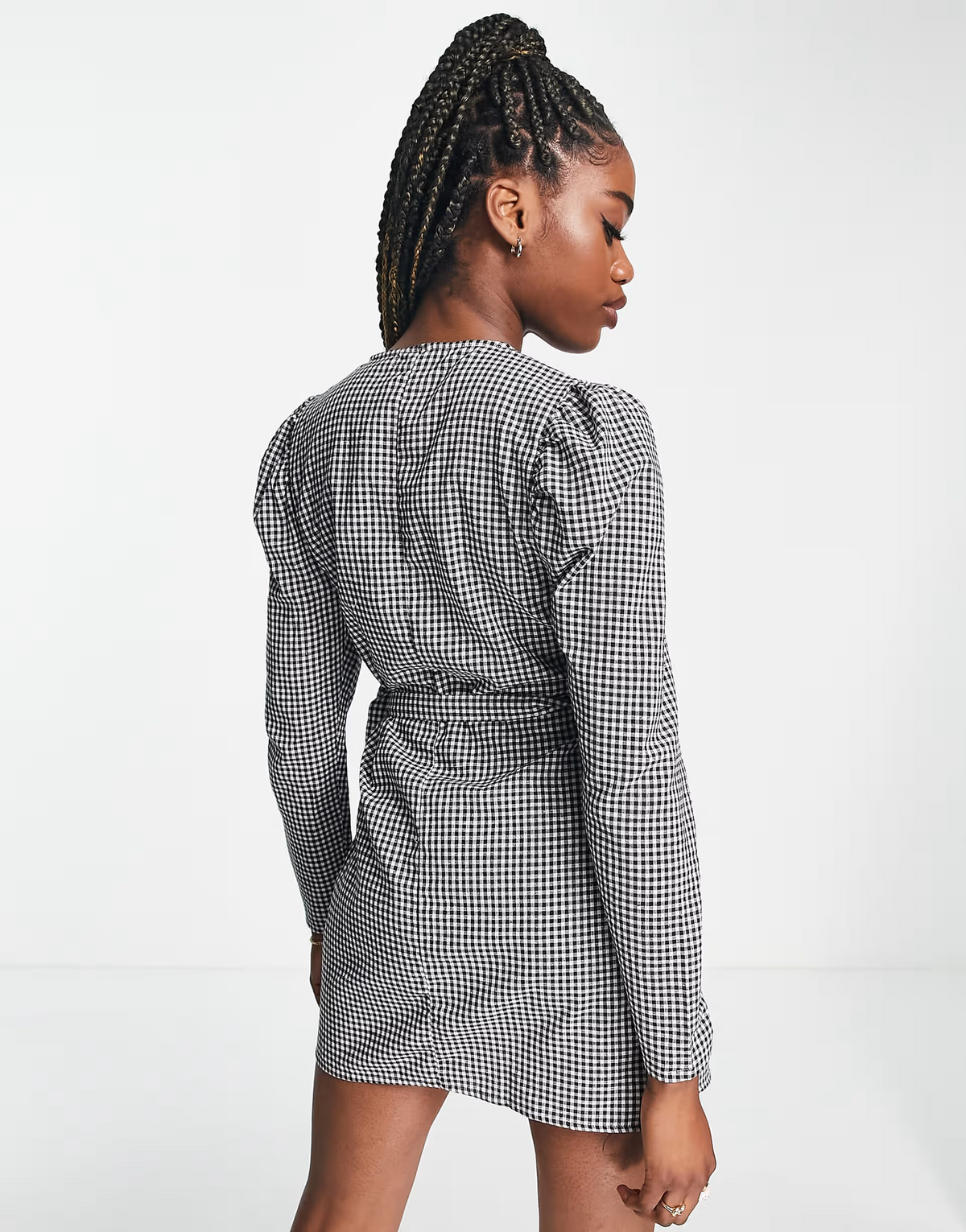 In The Style X Perrie Sian Puff Shoulder Detail Asymmetric Tie Side Mini Dress In Gingham Print