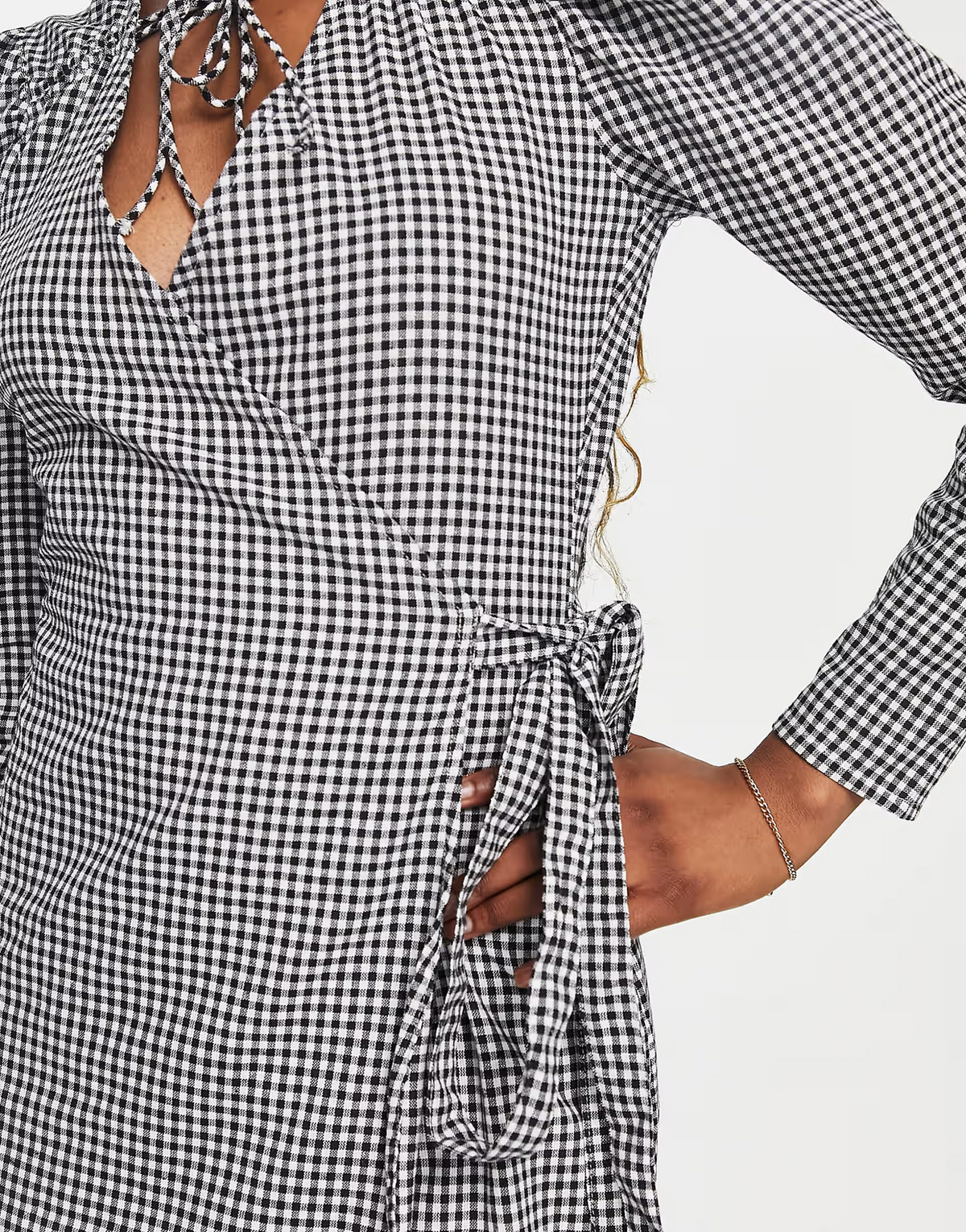 In The Style X Perrie Sian Puff Shoulder Detail Asymmetric Tie Side Mini Dress In Gingham Print