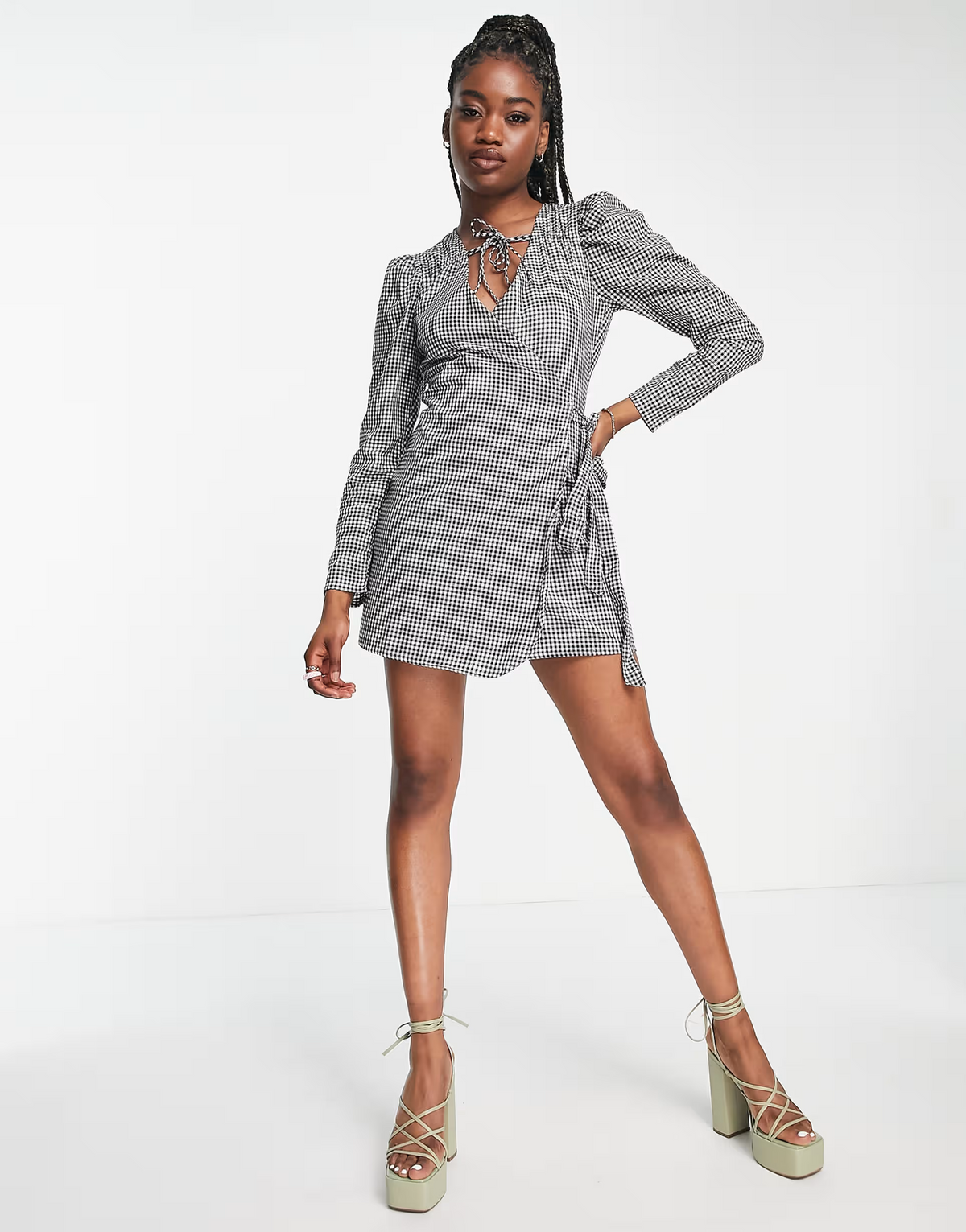 In The Style X Perrie Sian Puff Shoulder Detail Asymmetric Tie Side Mini Dress In Gingham Print
