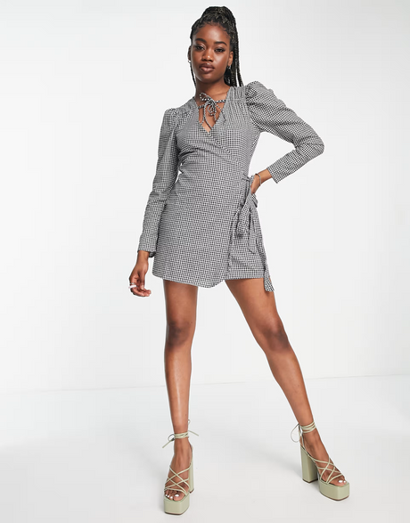 In The Style X Perrie Sian Puff Shoulder Detail Asymmetric Tie Side Mini Dress In Gingham Print