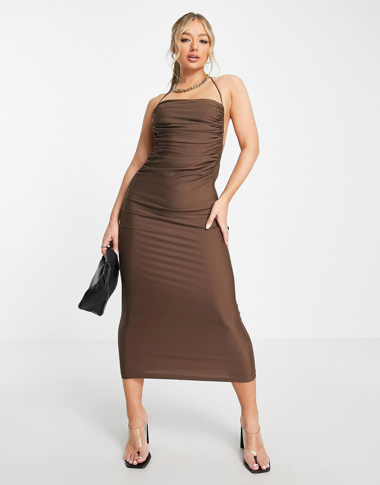 Rare London Slinky Open Back Midi Dress In Chocolate