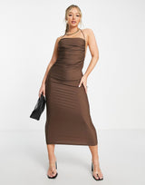 Rare London Slinky Open Back Midi Dress In Chocolate