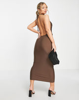 Rare London Slinky Open Back Midi Dress In Chocolate