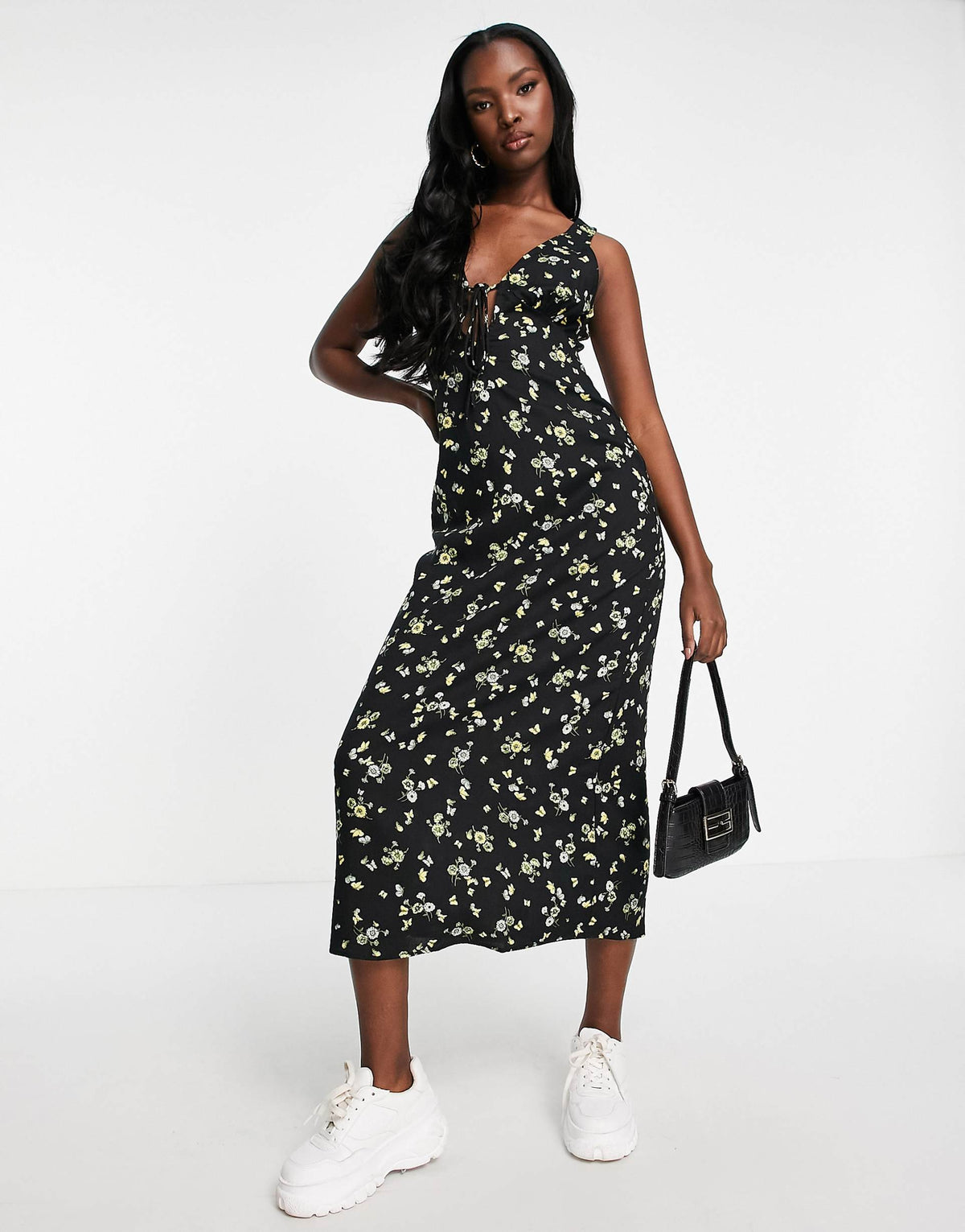 Motel Midaxi Tea Dress With Tie Front In Lemon Black Floral