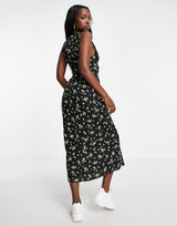 Motel Midaxi Tea Dress With Tie Front In Lemon Black Floral