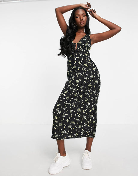 Motel Midaxi Tea Dress With Tie Front In Lemon Black Floral