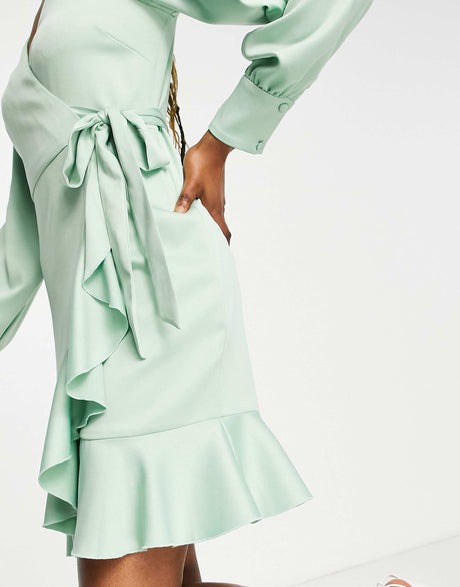 Style Cheat Ruffle Wrap Satin Mini Dress In Sage Green