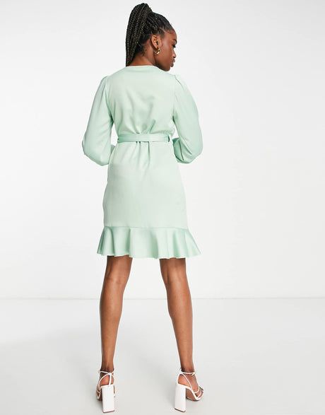 Style Cheat Ruffle Wrap Satin Mini Dress In Sage Green