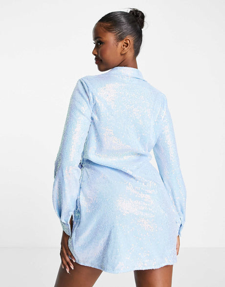 Missyempire Summer Sequin Wrap Shirt Dress In Blue