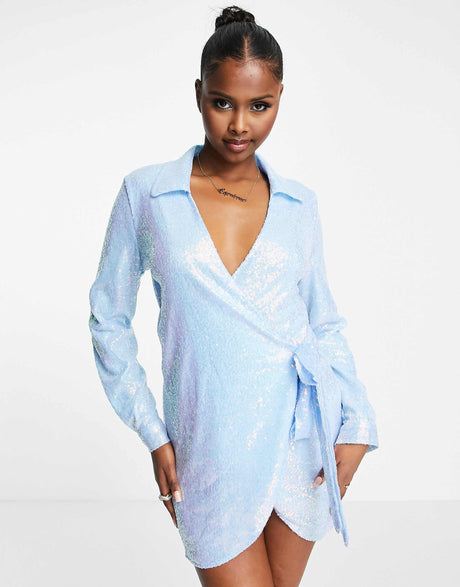 Missyempire Summer Sequin Wrap Shirt Dress In Blue