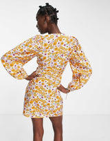 Envii Mini Wrap Dress With Balloon Sleeves In Retro Sunflower Print - Mustard