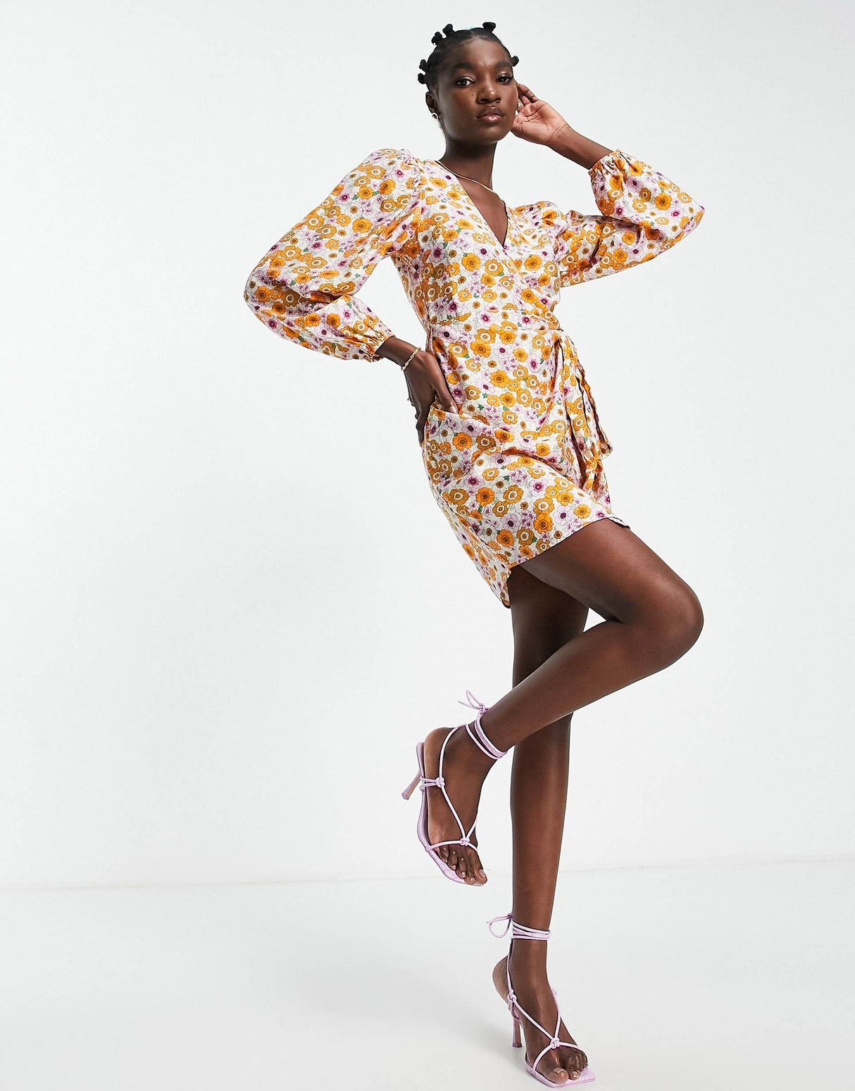 Envii Mini Wrap Dress With Balloon Sleeves In Retro Sunflower Print - Mustard