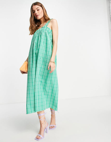 Envii Sleeveless Maxi Smock Dress In Green Check