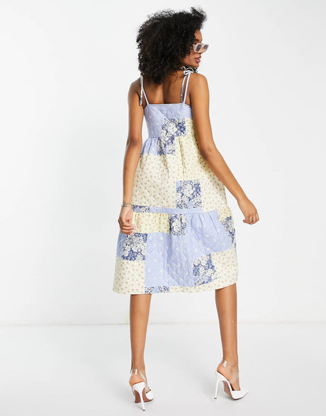 Edited Cotton Blend Quilted Midi Smock Dress In Floral Patchwork