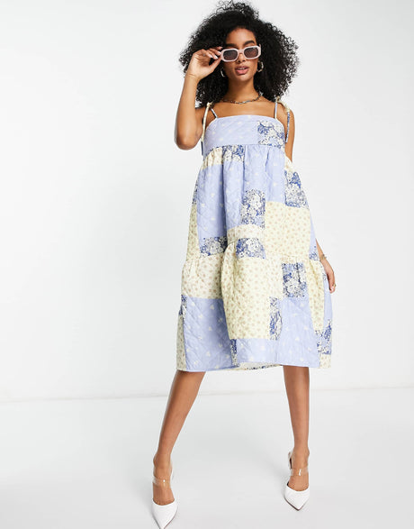 Edited Cotton Blend Quilted Midi Smock Dress In Floral Patchwork