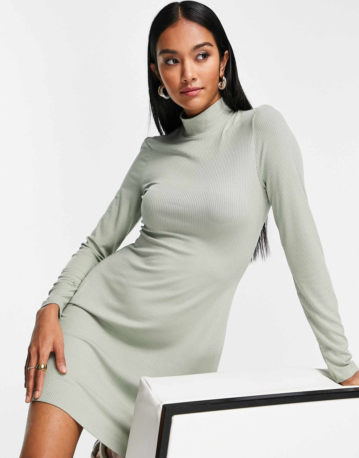 & Other Stories Long Sleeve Mini Dress In Dusty Green