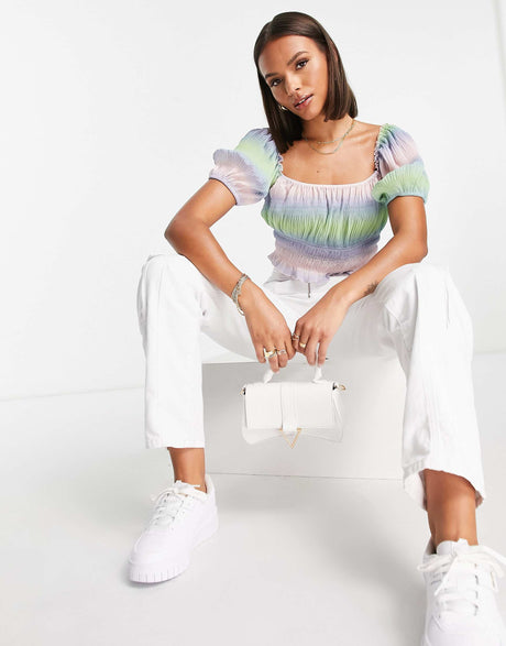 Na-Kd X Misslisibell Puff Sleeve Cropped Top In Ombre Print