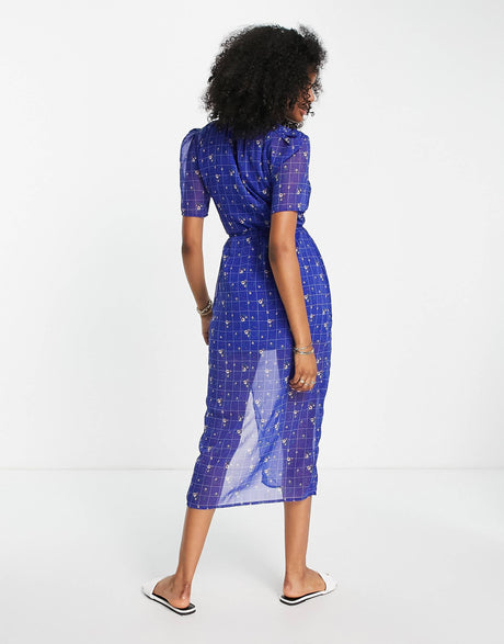 French Connection Floral Check Print Midi Tea Dress In Blue