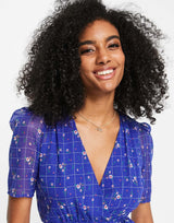 French Connection Floral Check Print Midi Tea Dress In Blue