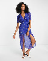 French Connection Floral Check Print Midi Tea Dress In Blue