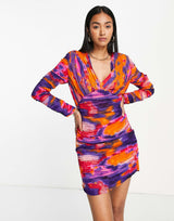 French Connection Printed Ruched Mini Dress In Pink Multi