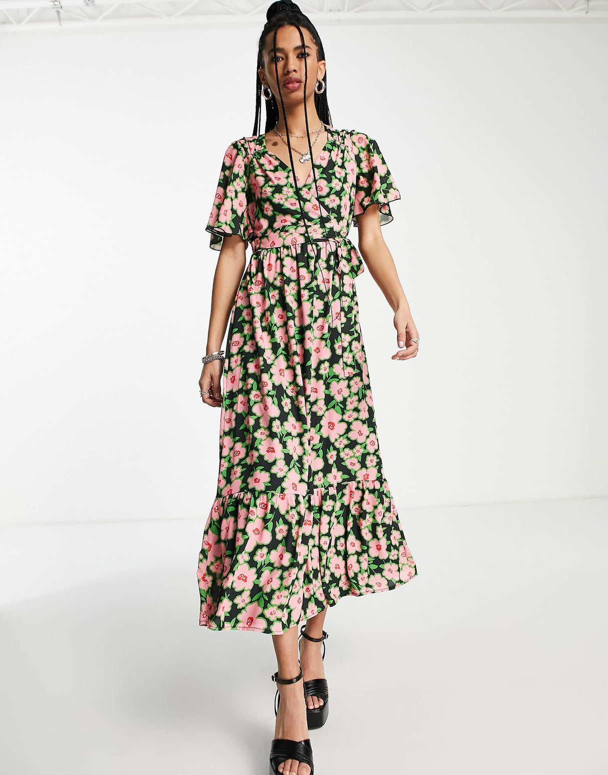 Twisted Wunder Midi Wrap Dress In Spring Floral Print