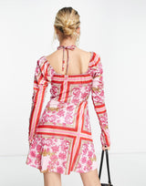 In The Style X Liberty Halterneck Puff Sleeve Mini Skater Dress In Pink Scarf Print