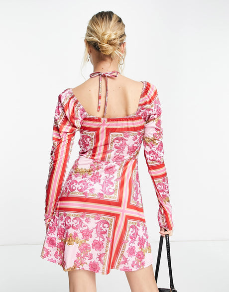 In The Style X Liberty Halterneck Puff Sleeve Mini Skater Dress In Pink Scarf Print