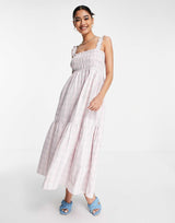 French Connection Square Neck Maxi Picnic Dress In Pink Check