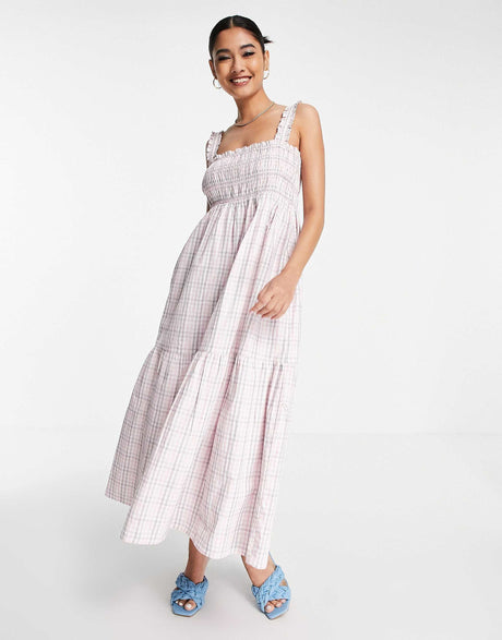 French Connection Square Neck Maxi Picnic Dress In Pink Check