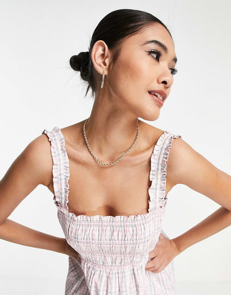 French Connection Square Neck Maxi Picnic Dress In Pink Check