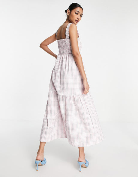 French Connection Square Neck Maxi Picnic Dress In Pink Check