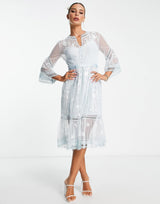 French Connection Midi Tea Dress With Delicate Floral Embroidery In Baby Blue