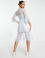 French Connection Midi Tea Dress With Delicate Floral Embroidery In Baby Blue